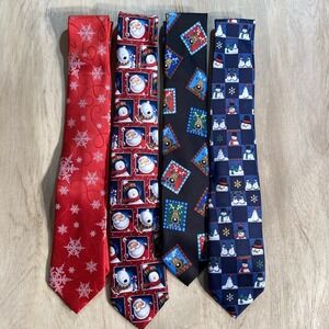 Lot Of 4 Christmas Ties‎ - Snowman / Reindeer / Santa / Snowflakes